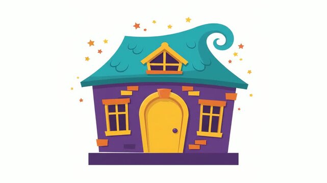 House illustration featuring a purple stone texture and a bright turquoise roof.