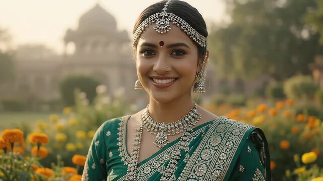 Woman wears traditional green saree and intricate silver jewelry outdoors.
