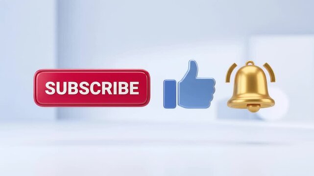3D render of red subscribe button and gold bell icon