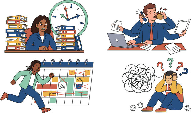 Stressed office workers character set dealing with massive workload strict deadlines multitasking overload and complete professional burnout
