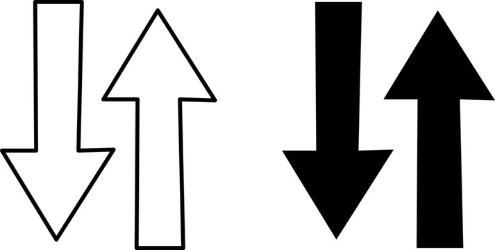 Black and white up and down arrows in solid and outline styles. Simple directional symbols represent vertical movement, navigation and control. Minimal vector illustration for interfaces, signs 