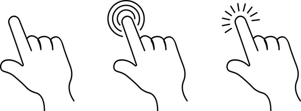 Hand gesture line art showing finger tapping, touch interaction and clicking signals. Minimal black outline illustration demonstrates digital control and screen navigation. Clean vector design 
