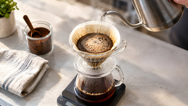 Close up of pouring hot water from stainless steel gooseneck kettle into glass dripper for pour over coffee on digital scale