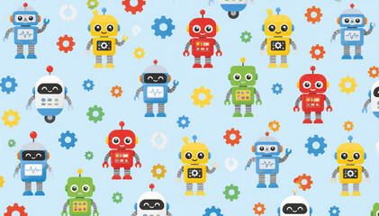 Lamas personalizadas con tu foto Background pattern of cute, friendly generic toy robots and gears.