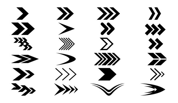 Set of various black arrow icons and speed symbols