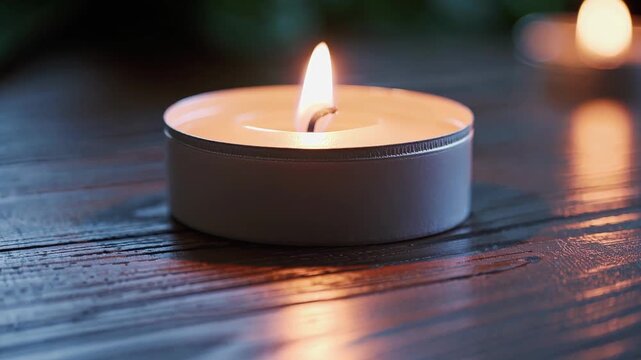 Gentle flame illuminates circular tealight candle placed on rustic table. Warm wax candlelight delivers serene meditative mood, casting soft golden reflections across dark wooden tabletop surface.