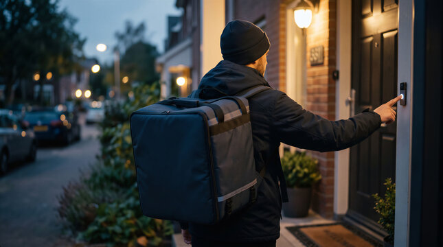 Courier delivering food order at a house entrance