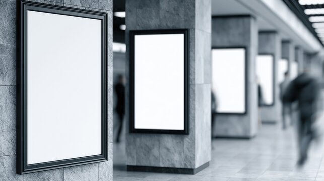 Empty advertising frames on stone pillars in modern