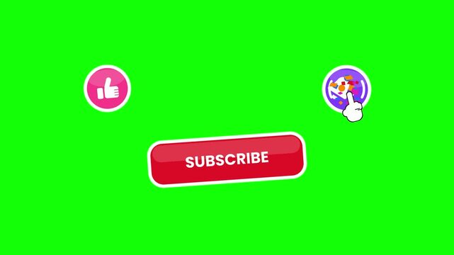 Pop up youtube subscribe like bell icon button clicked animation motion graphic with chroma green screen clip template 4k