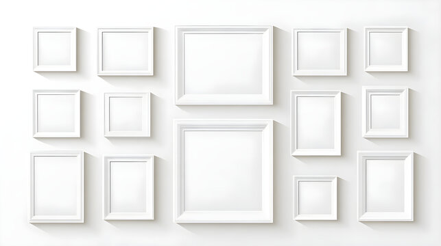 White picture frame and image gallery border with circle square rectangle shadow outline blank molding baseboard vector isolated on white background background Stock Vector