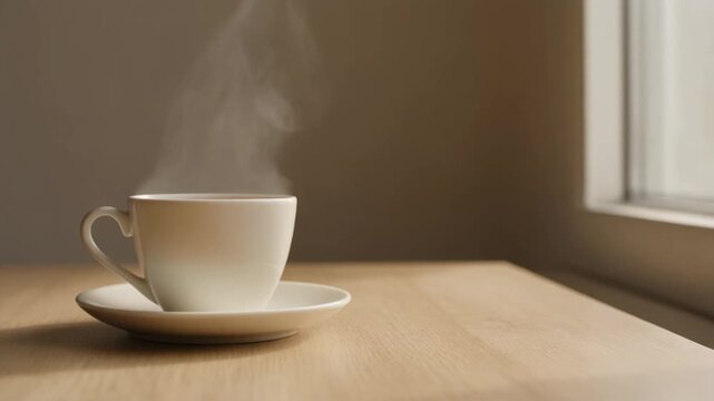 Steam rising from a ceramic tea cup beside a sunlit window