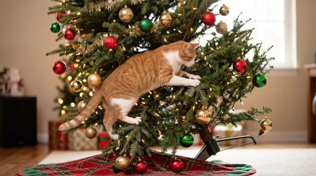 Orange and white cat climbing decorated Christmas tree indoors, reaching ornaments and lights. Holiday pet safety hazard, curious feline near festive decor.