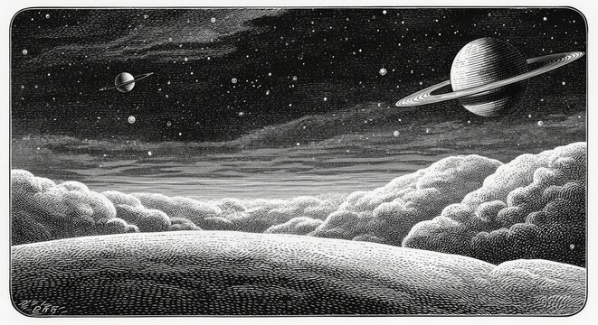 Saturn and planets above cloud-covered landscape beneath a star-filled sky. Vintage astronomical engraving of the solar system. Space exploration and astronomy. Celestial science