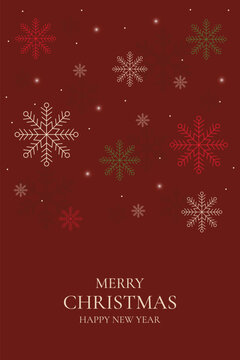 Luxury red christmas greeting card template with floating multicolor line art snowflakes pattern and text space