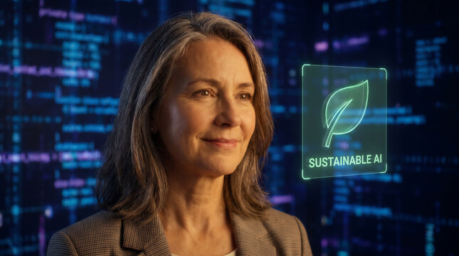Mature Woman in Tech Industry with Sustainable AI Concept 