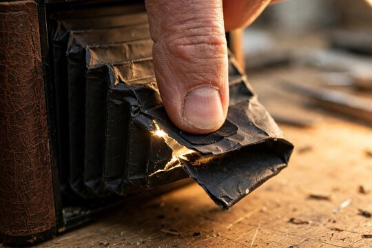 Fingertip pressing a patch onto a leaking large format camera bellows