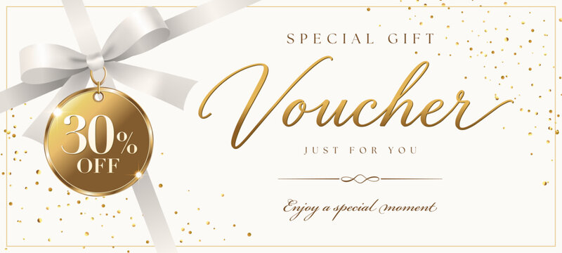 Elegant gift voucher template design with white ribbon bow tag and 30 percent off discount coupon certificate
