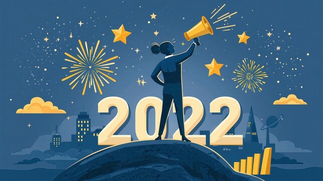 Woman with megaphone on hill with 2022 numbers and fireworks during night celebration concept