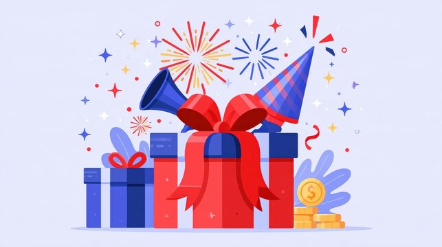 Gift boxes with fireworks and party hat during celebration with confetti and horn on blue background