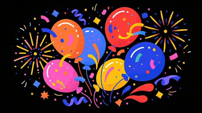 Bright balloons with confetti and fireworks during a celebration against a dark background