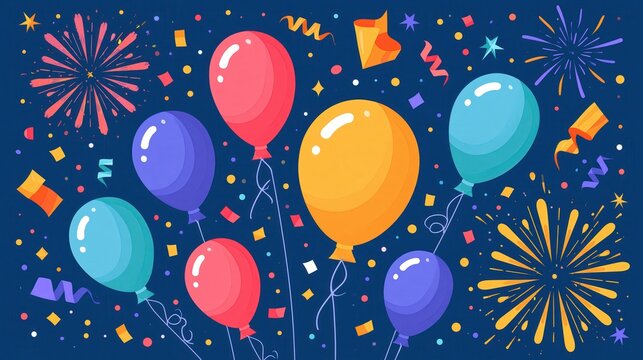 Colorful balloons floating with fireworks and confetti during a vibrant celebration with a dark blue background