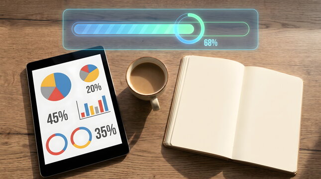 Top View Flat Lay Of Tablet With Pie Charts Bar Chart Ring Charts And Percentage Numbers, Coffee Cup, Blank Open Notebook And 68% Progress Hologram On Wooden Desk - Workflow Productivity Analytics