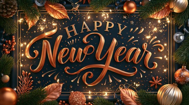 Elegant New Year's greeting with festive ornaments and sparkling lights in a decorative border