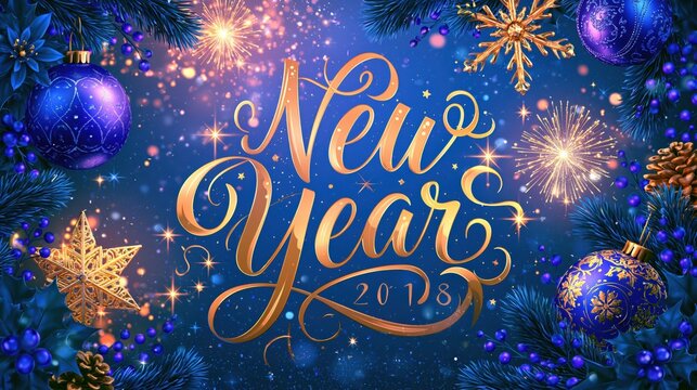 Golden New Year text with festive ornaments and sparkling fireworks on a deep blue background