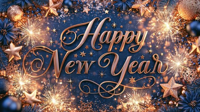 Elegant Happy New Year text with golden stars and bokeh fireworks during festive celebration