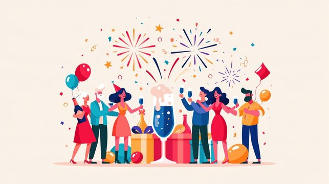 Diverse group celebrating with champagne and fireworks during a festive party event