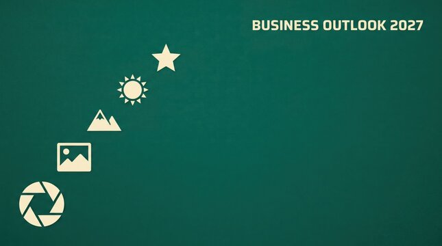 BUSINESS OUTLOOK 2027 corporate strategy plan and growth roadmap with ascending graphical steps on dark green background for professional presentation cover