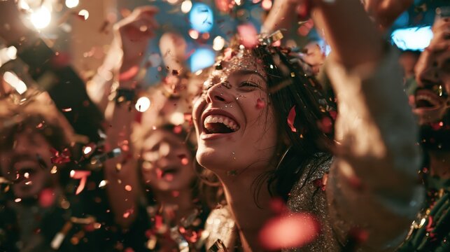 Joyful young woman laughing amidst falling confetti during a vibrant celebration with bokeh lights
