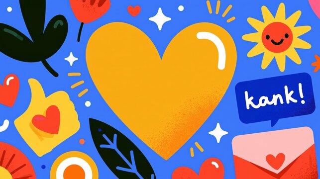 Bright yellow heart amidst cheerful doodles and floral elements on a blue background with a speech bubble saying 'kank!