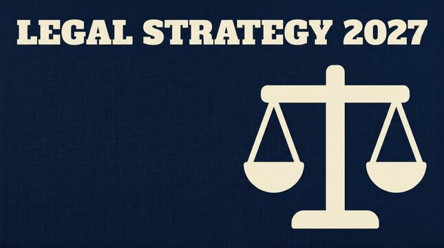 LEGAL STRATEGY 2027 corporate business plan and growth goals layout on textured dark blue textile background with scales icon for professional report cover and presentation slide