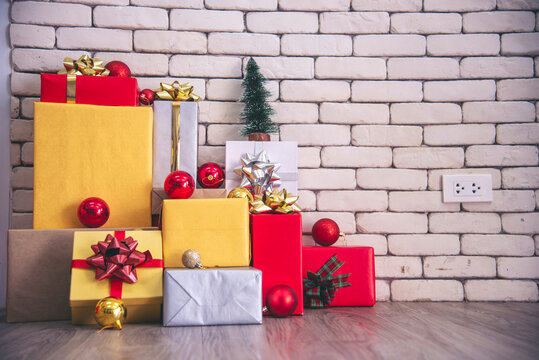 Christmas present gift box under bauble christmas tree decorated holiday winter xmas happy new year celebration. Present gift boxes to family decor in cozy living room. Merry Christmas happy new year