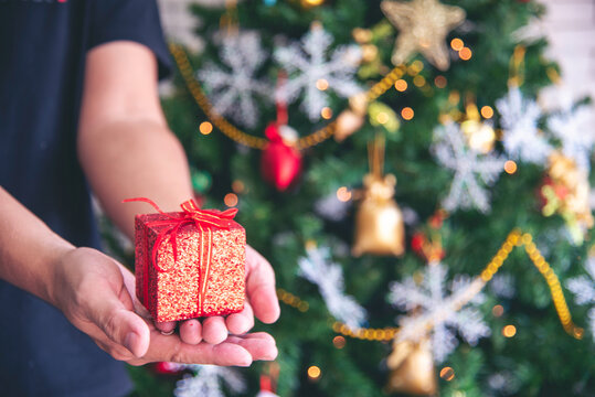 Close up woman hands wrap present gift in cozy living room. Woman wrapping christmas gift box under xmas tree. Asian woman decor bauble ball christmas tree in xmas holiday winter seasonal celebration