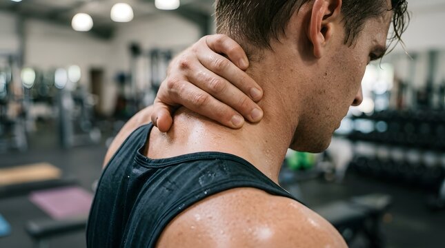 Sweaty man holding neck in pain after workout in gym showing muscle strain or sports injury concept