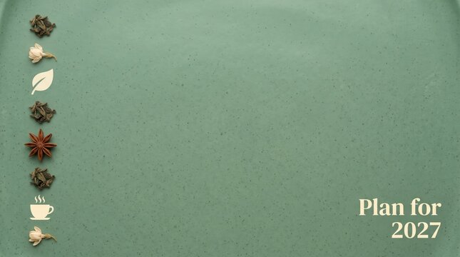 Plan for 2027 corporate strategy banner layout on textured green ceramic background featuring botanical decorative elements on the left margin and empty copy space on the right for annual report