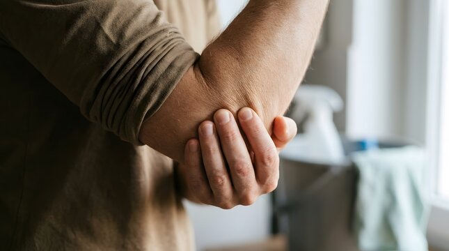 Close up of a man holding his painful elbow joint suffering from inflammation or sports injury pain