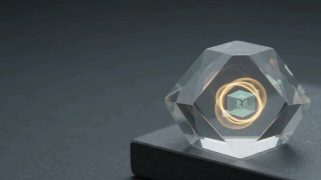 High-tech photonic memory crystal with subtle glowing laser-etched data node on neutral slate background featuring expansive clean copy space for text. 
