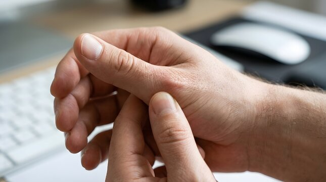 Close up of a person holding their painful thumb while working at a desk in an office environment