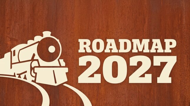 ROADMAP 2027 business plan and strategic growth goals on rustic copper steel metal texture with locomotive train graphic for logistics industry presentation cover and website banner
