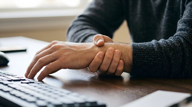 Man holding painful wrist while working at computer desk in office environment with hand discomfort