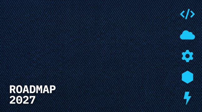 Roadmap 2027 technology strategy plan with blue software and cloud icons set against a dark blue denim fabric texture background for corporate presentation cover and business proposal slide