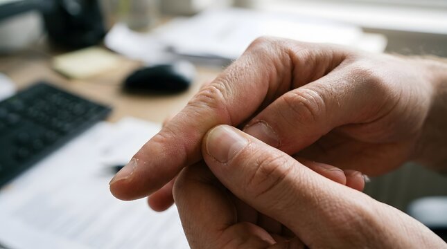 Close up of dry irritated skin on finger of a person working at office desk with keyboard and paper
