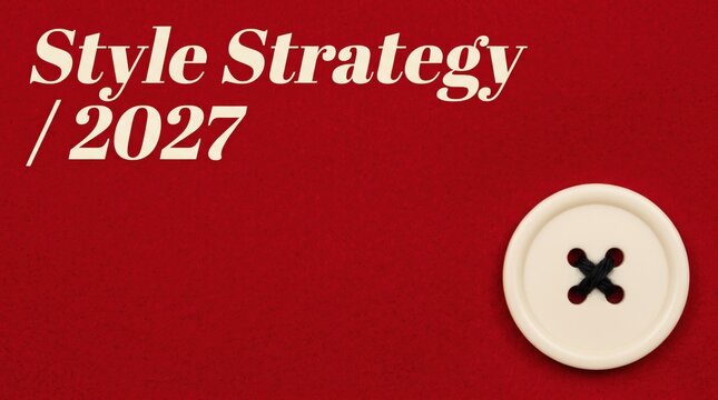 Style Strategy 2027 fashion business plan template featuring a white button on rich red wool felt textile background with copy space for marketing slide presentation headers