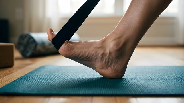 Person stretching foot with black yoga strap on mat for physical therapy recovery and muscle relief