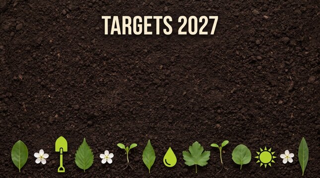 Targets 2027 business planning strategy and environmental growth roadmap template with dark soil texture and green icons for corporate report cover banner