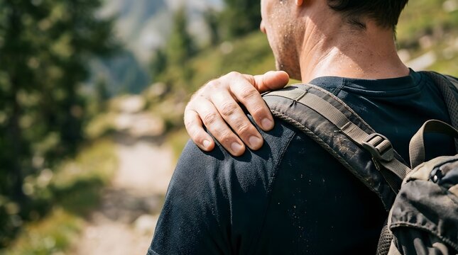 Hiker holding shoulder in pain while trekking on mountain trail outdoors during summer hiking trip