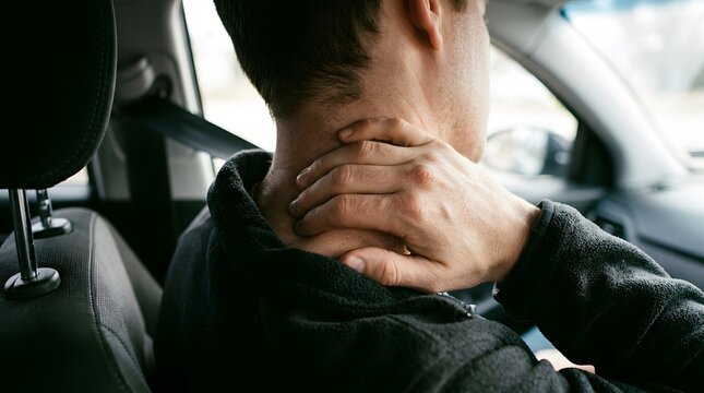 Man suffering from neck pain while sitting in car seat after vehicle accident or muscle strain injury